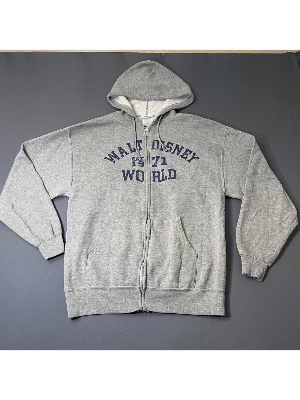 Walt Disney World 1971 Gray Zip-Up Hoodie Sweatshirt Size Large Cotton Polyester